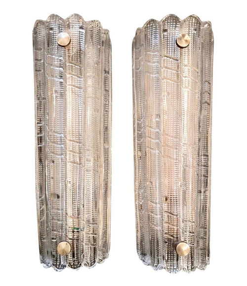 PAIR OF LARGE ORREFORS GLASS WALL SCONCES BY CARL FAGERLUND WITH BRASS PLATES