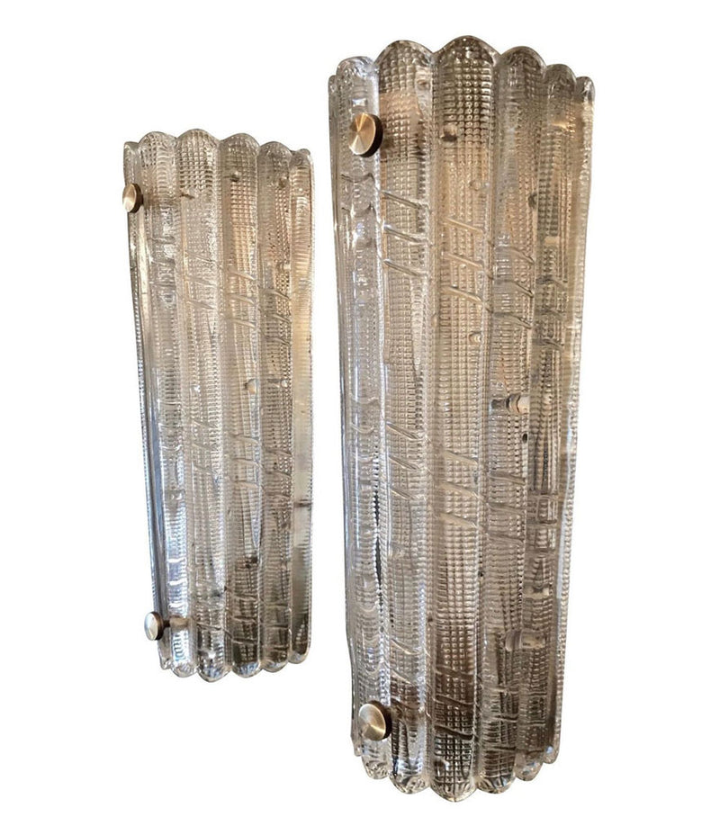 PAIR OF LARGE ORREFORS GLASS WALL SCONCES BY CARL FAGERLUND WITH BRASS PLATES