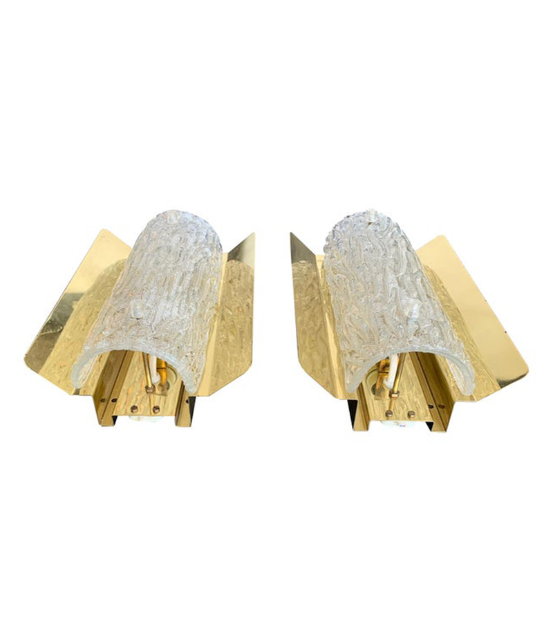 PAIR OF ORREFORS GLASS WALL SCONCES ON BRASS PLATES BY FALKENSBERG, SWEDEN