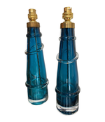 PAIR OF ORREFORS TURQUOISE GLASS LAMPS WITH BRASS FITTINGS AND BESPOKE SHADES