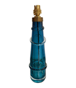 PAIR OF ORREFORS TURQUOISE GLASS LAMPS WITH BRASS FITTINGS AND BESPOKE SHADES