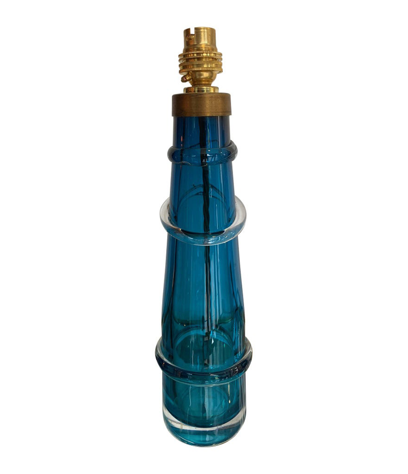 PAIR OF ORREFORS TURQUOISE GLASS LAMPS WITH BRASS FITTINGS AND BESPOKE SHADES