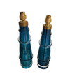 PAIR OF ORREFORS TURQUOISE GLASS LAMPS WITH BRASS FITTINGS AND BESPOKE SHADES