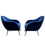 PAIR OF 1950S ITALIAN ARMCHAIRS WITH MATCHING OTTOMANS REUPHOLSTERED IN VELVET