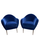 PAIR OF 1950S ITALIAN ARMCHAIRS WITH MATCHING OTTOMANS REUPHOLSTERED IN VELVET