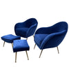 PAIR OF 1950S ITALIAN ARMCHAIRS WITH MATCHING OTTOMANS REUPHOLSTERED IN VELVET