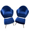 PAIR OF 1950S ITALIAN ARMCHAIRS WITH MATCHING OTTOMANS REUPHOLSTERED IN VELVET