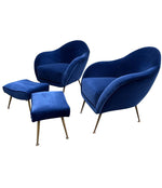 PAIR OF 1950S ITALIAN ARMCHAIRS WITH MATCHING OTTOMANS REUPHOLSTERED IN VELVET