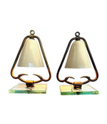 PAIR OF 1950S ITALIAN LAMPS WITH ENAMEL SHADES ON BRASS FRAME MOUNTED ON GLASS