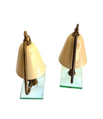 PAIR OF 1950S ITALIAN LAMPS WITH ENAMEL SHADES ON BRASS FRAME MOUNTED ON GLASS