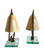 PAIR OF 1950S ITALIAN LAMPS WITH ENAMEL SHADES ON BRASS FRAME MOUNTED ON GLASS