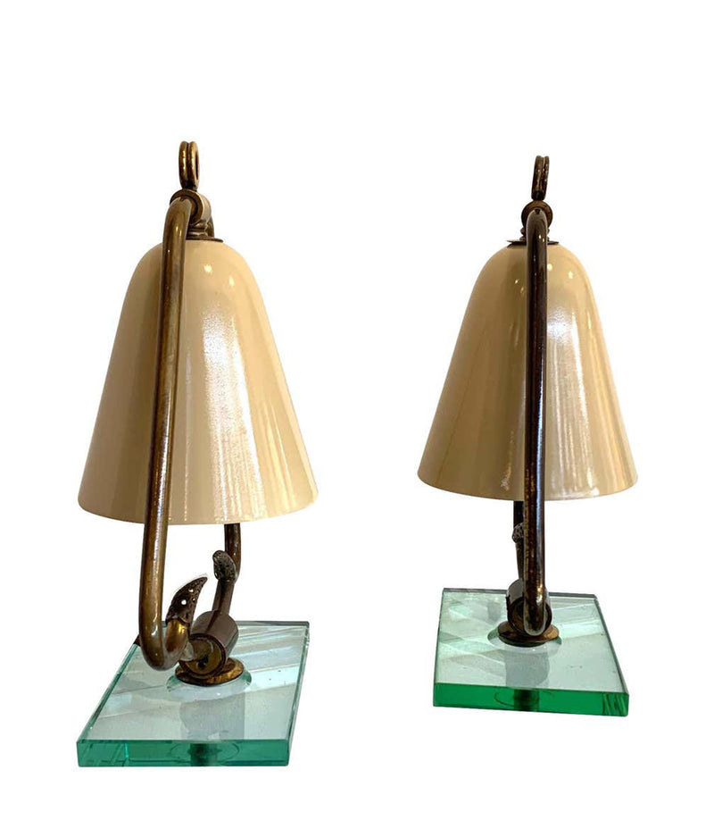 PAIR OF 1950S ITALIAN LAMPS WITH ENAMEL SHADES ON BRASS FRAME MOUNTED ON GLASS