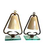 PAIR OF 1950S ITALIAN LAMPS WITH ENAMEL SHADES ON BRASS FRAME MOUNTED ON GLASS