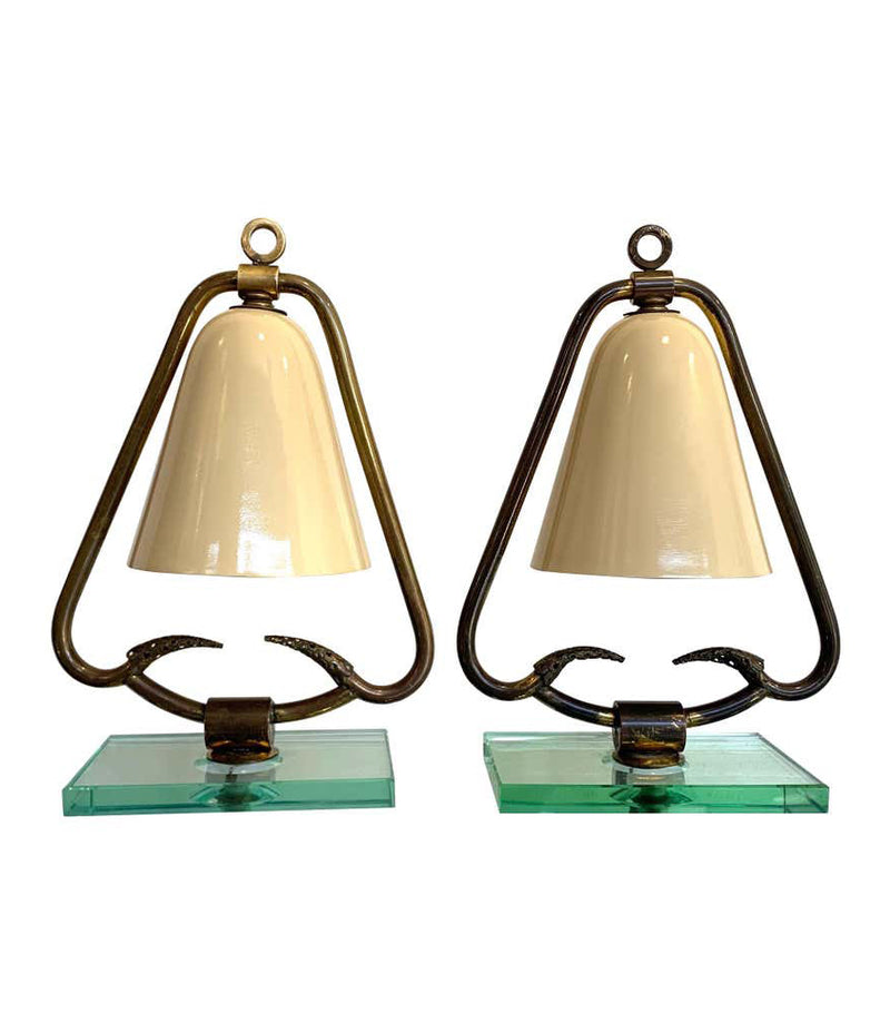 PAIR OF 1950S ITALIAN LAMPS WITH ENAMEL SHADES ON BRASS FRAME MOUNTED ON GLASS