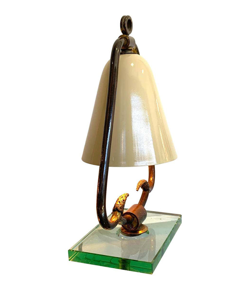 PAIR OF 1950S ITALIAN LAMPS WITH ENAMEL SHADES ON BRASS FRAME MOUNTED ON GLASS