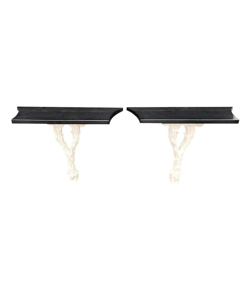 PAIR OF 1950S SERGE ROCHE STYLE CARVED WOOD AND LACQUERED PALM CONSOLE TABLES