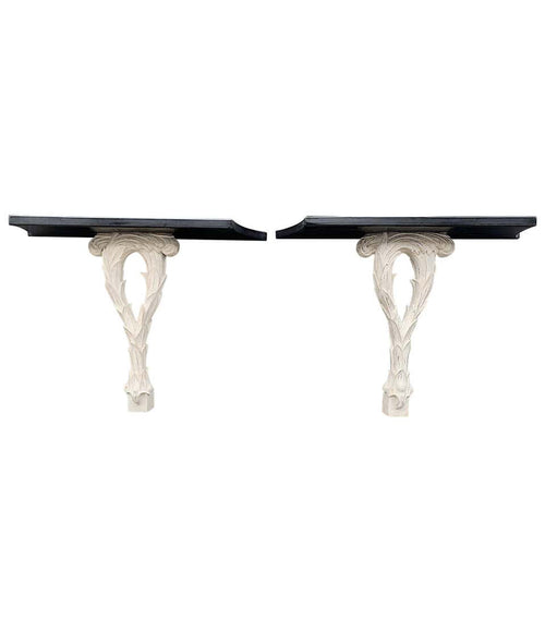 PAIR OF 1950S SERGE ROCHE STYLE CARVED WOOD AND LACQUERED PALM CONSOLE TABLES