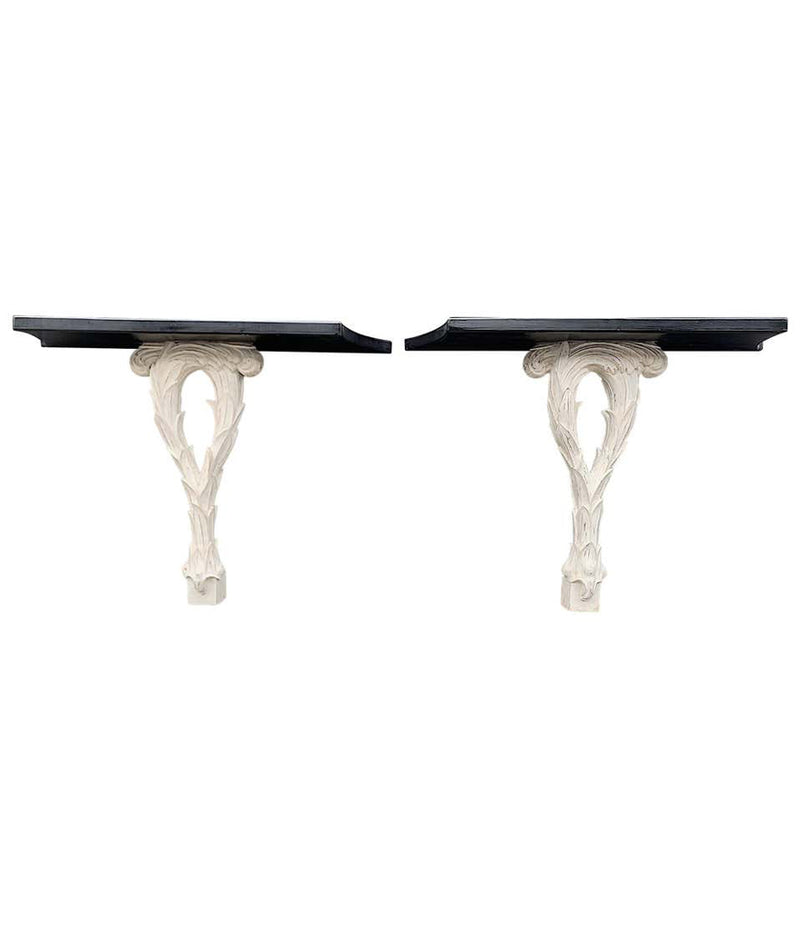 PAIR OF 1950S SERGE ROCHE STYLE CARVED WOOD AND LACQUERED PALM CONSOLE TABLES