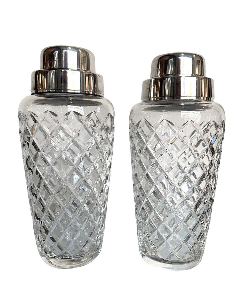 PAIR OF 1960S VAL SAINT LAMBERT CRYSTAL AND SILVER PLATE COCKTAIL SHAKERS