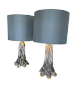  PAIR OF 1960S VAL ST LAMBERT CLEAR GLASS LAMPS WITH NEW BESPOKE SHADES