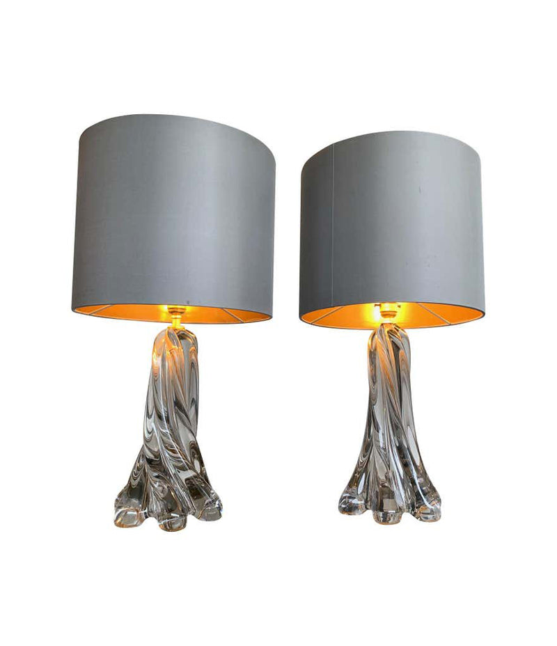  PAIR OF 1960S VAL ST LAMBERT CLEAR GLASS LAMPS WITH NEW BESPOKE SHADES