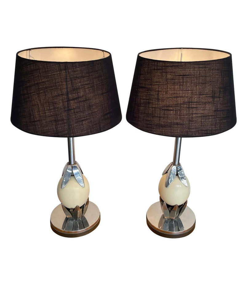 PAIR OF 1970S ANTHONY REDMILE STYLE CHROME AND REAL OSTRICH EGG LAMPS