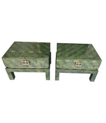 PAIR OF 1970S GUY LEFEVRE STYLE GREEN WOVEN RATTAN AND BRASS BEDSIDE TABLES