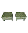 PAIR OF 1970S GUY LEFEVRE STYLE GREEN WOVEN RATTAN AND BRASS BEDSIDE TABLES