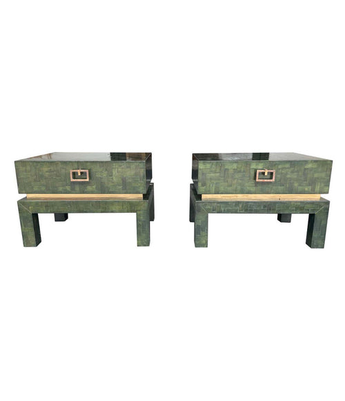 PAIR OF 1970S GUY LEFEVRE STYLE GREEN WOVEN RATTAN AND BRASS BEDSIDE TABLES