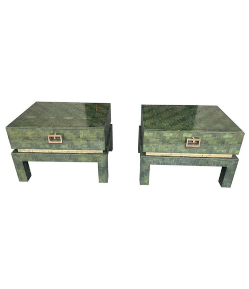 PAIR OF 1970S GUY LEFEVRE STYLE GREEN WOVEN RATTAN AND BRASS BEDSIDE TABLES