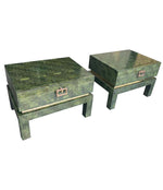 PAIR OF 1970S GUY LEFEVRE STYLE GREEN WOVEN RATTAN AND BRASS BEDSIDE TABLES