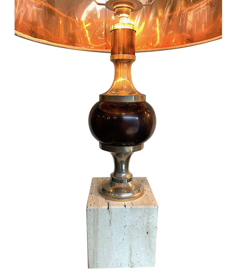 PAIR OF 1970S TRAVERTINE AND CHROME LAMPS IN THE STYLE OF MAISON BARBIER