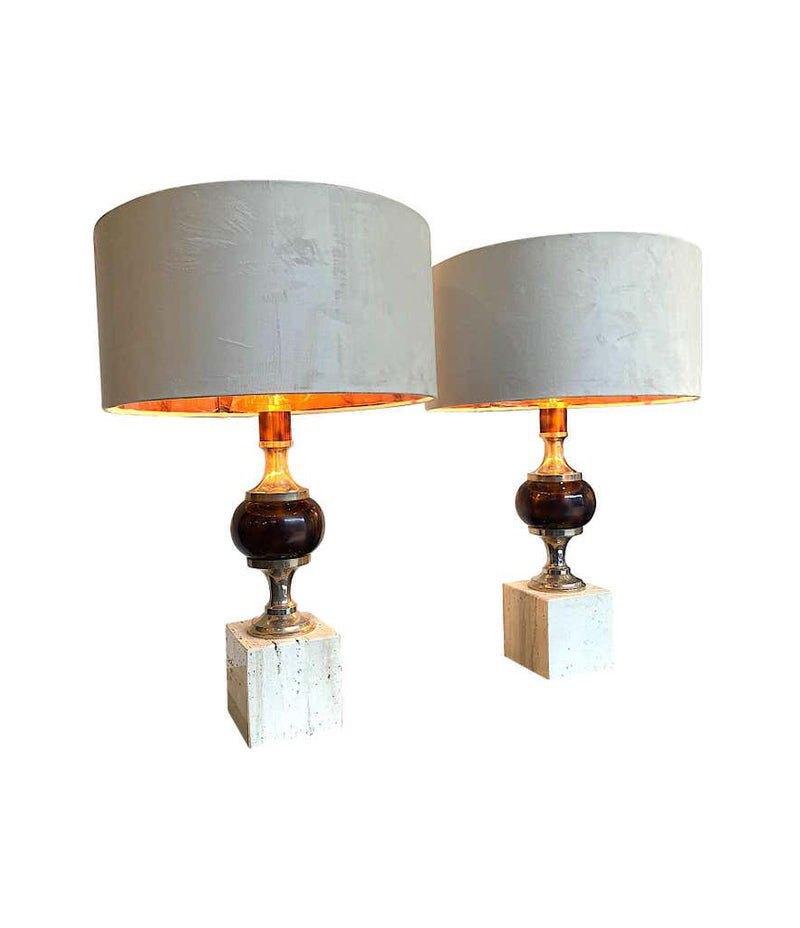 PAIR OF 1970S TRAVERTINE AND CHROME LAMPS IN THE STYLE OF MAISON BARBIER