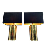 PAIR OF LARGE 1970S BRASS LAMPS WITH INTERESTING CURVED CORNERS AND NEW SHADES