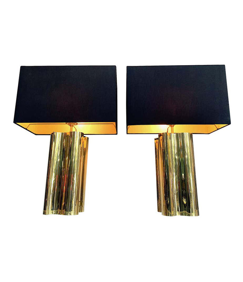 PAIR OF LARGE 1970S BRASS LAMPS WITH INTERESTING CURVED CORNERS AND NEW SHADES