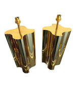 PAIR OF LARGE 1970S BRASS LAMPS WITH INTERESTING CURVED CORNERS AND NEW SHADES