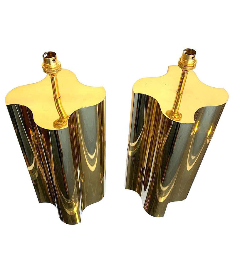 PAIR OF LARGE 1970S BRASS LAMPS WITH INTERESTING CURVED CORNERS AND NEW SHADES