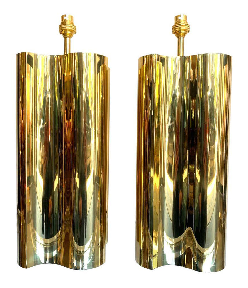 PAIR OF LARGE 1970S BRASS LAMPS WITH INTERESTING CURVED CORNERS AND NEW SHADES