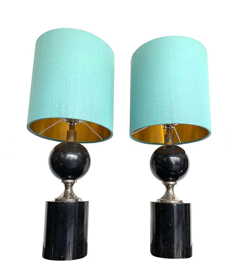 PAIR OF MASION BARBIER BLACK MARBLE AND CHROME LAMPS WITH NEW BESPOKE SHADES