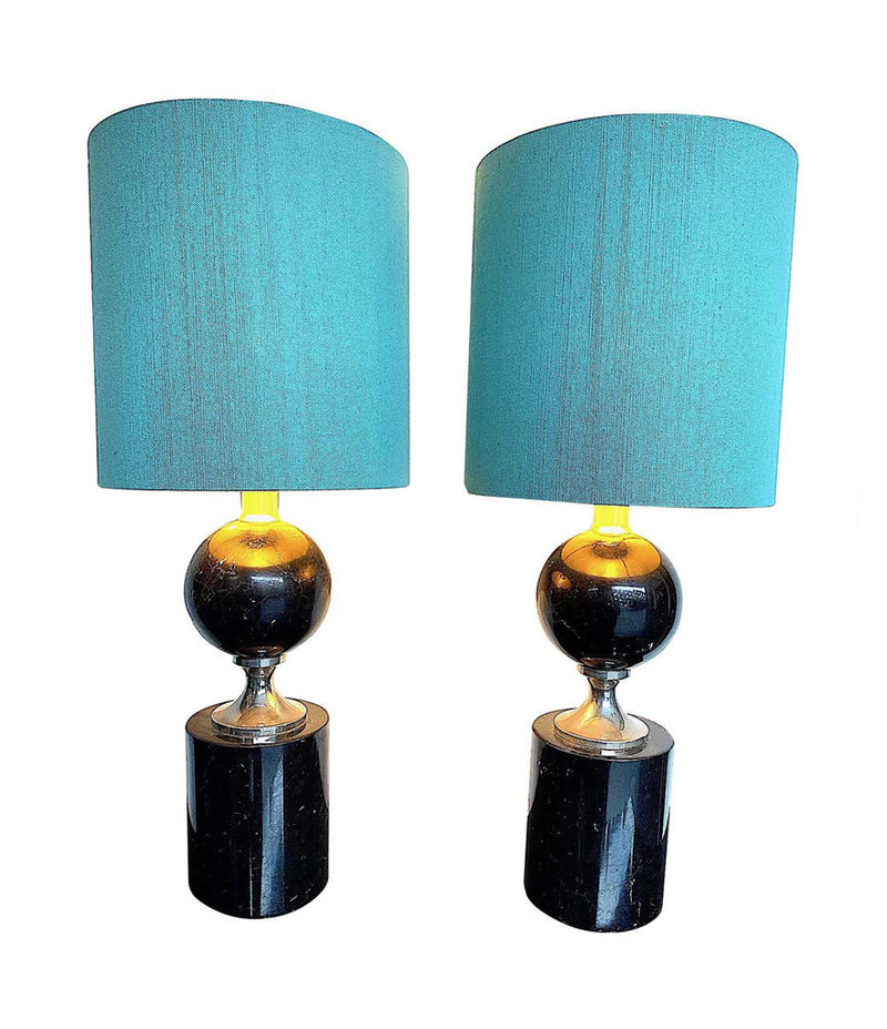 PAIR OF MASION BARBIER BLACK MARBLE AND CHROME LAMPS WITH NEW BESPOKE SHADES