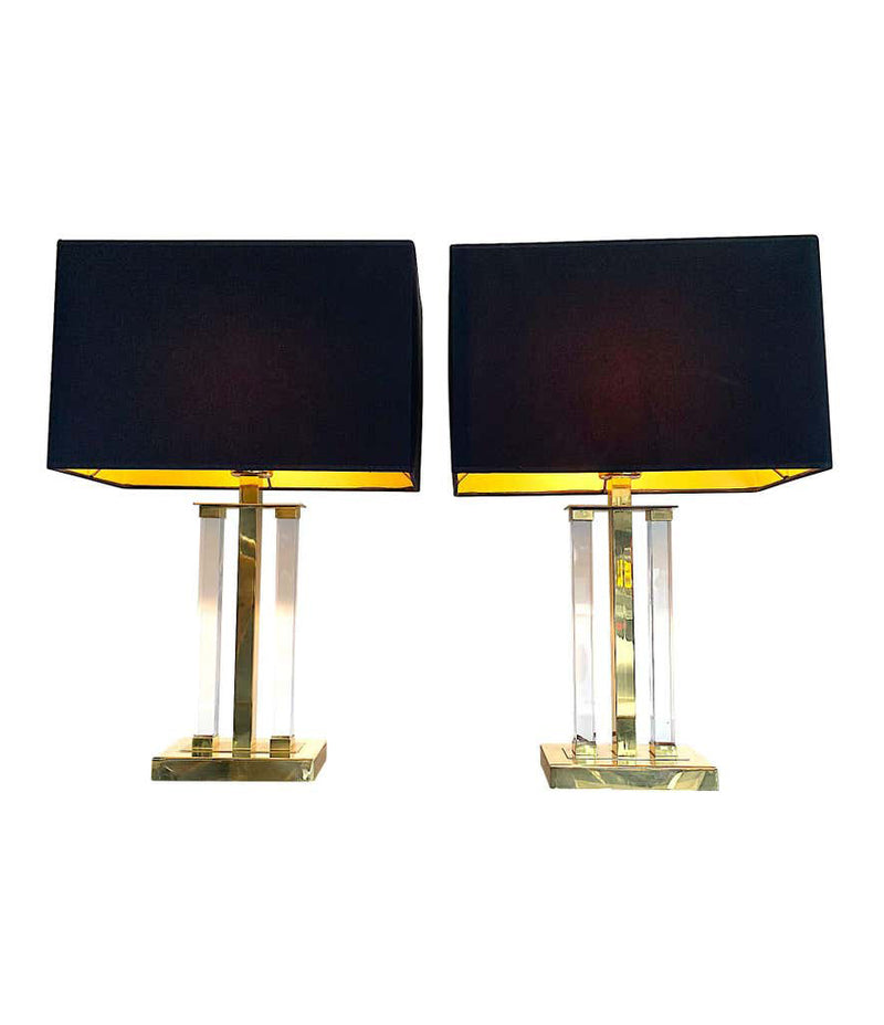 PAIR OF MIDCENTURY LUCITE AND BRASS LAMPS BY DEKNUDT WITH NEW BESPOKE SHADES