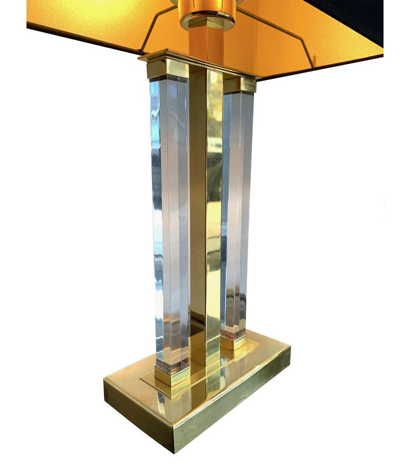 PAIR OF MIDCENTURY LUCITE AND BRASS LAMPS BY DEKNUDT WITH NEW BESPOKE SHADES