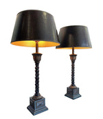 PAIR OF ORNATE TABLE LAMPS WITH PALM TREE STEMS MOUNTED ON SQUARE PLINTHS