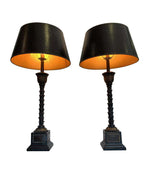 PAIR OF ORNATE TABLE LAMPS WITH PALM TREE STEMS MOUNTED ON SQUARE PLINTHS