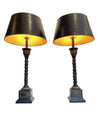 PAIR OF ORNATE TABLE LAMPS WITH PALM TREE STEMS MOUNTED ON SQUARE PLINTHS