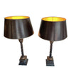 PAIR OF ORNATE TABLE LAMPS WITH PALM TREE STEMS MOUNTED ON SQUARE PLINTHS