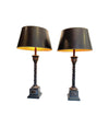 PAIR OF ORNATE TABLE LAMPS WITH PALM TREE STEMS MOUNTED ON SQUARE PLINTHS