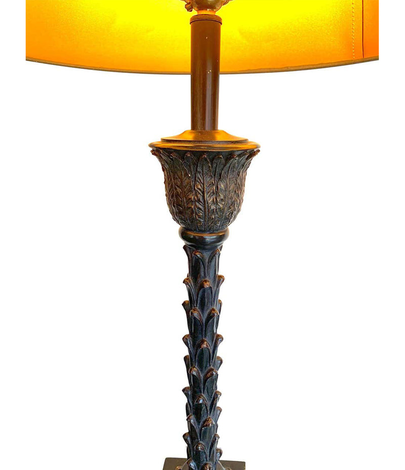 PAIR OF ORNATE TABLE LAMPS WITH PALM TREE STEMS MOUNTED ON SQUARE PLINTHS