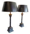 PAIR OF ORNATE TABLE LAMPS WITH PALM TREE STEMS MOUNTED ON SQUARE PLINTHS