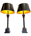 PAIR OF ORNATE TABLE LAMPS WITH PALM TREE STEMS MOUNTED ON SQUARE PLINTHS